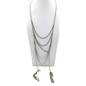 Vintage Long Silver Multi Layer Chain Necklace with Double Tassel Ends